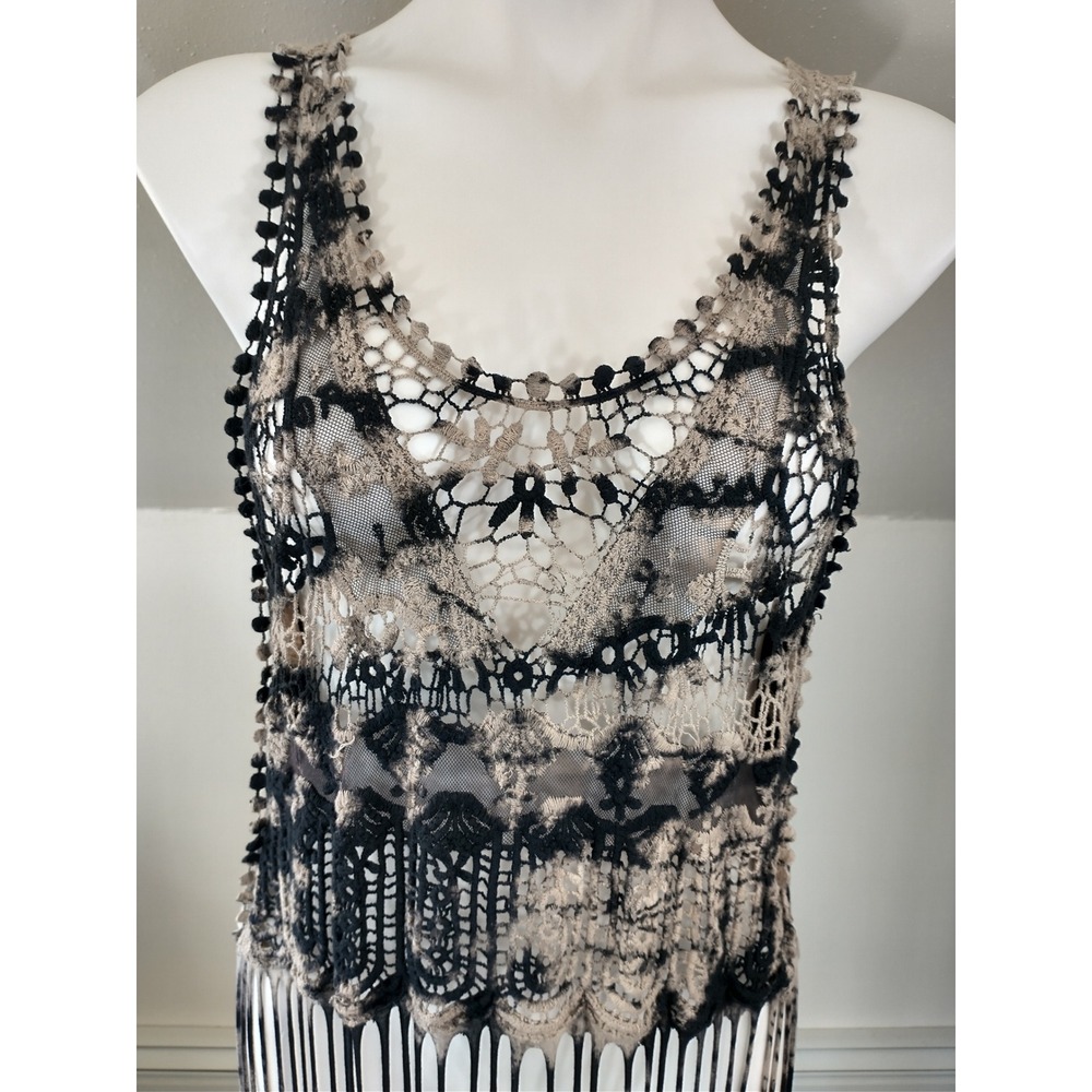 T Party Boho Grunge Tie Dye Crochet Lace Fringe‎ Tank Top Beige Medium Festival